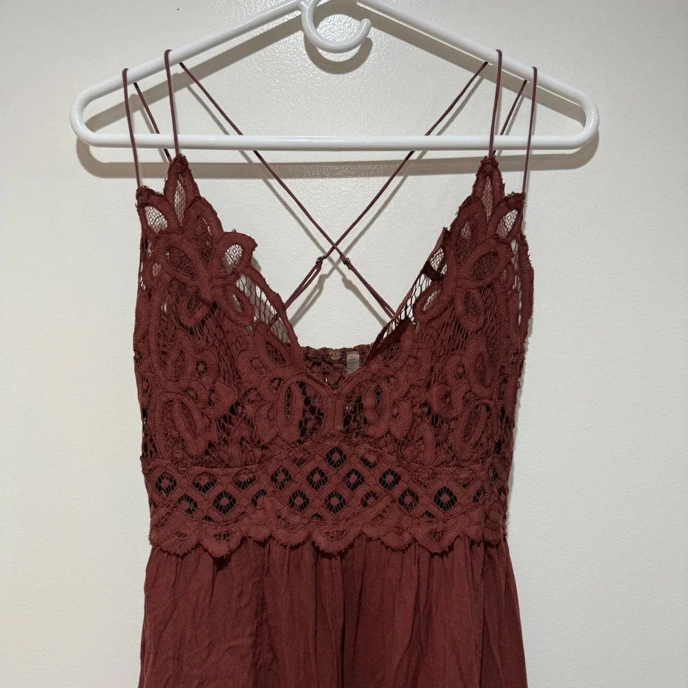 Free People FP One Adella Slip Dress Brown Lace Boho Ruffle Mini Dress Medium M